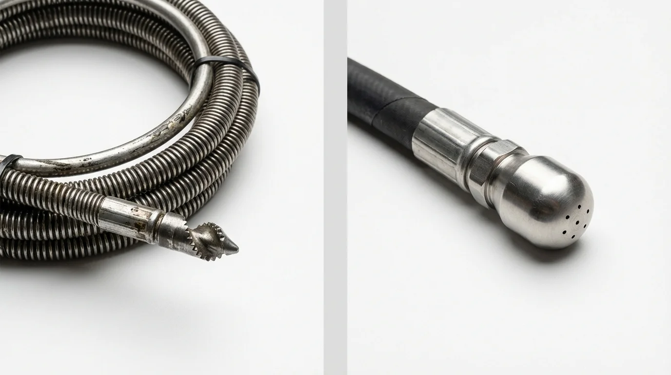 Drain snake cable and hydro jetting nozzle used for drain cleaning in Greenfield, IL