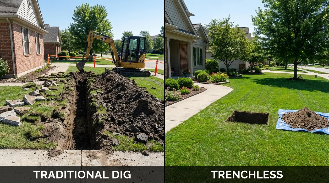 Trenchless sewer repair with minimal yard damage versus traditional excavation in Greenfield, IL