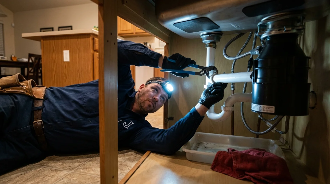 P-trap and supply line connections under a kitchen sink showing a common leak point in Greenfield, IL